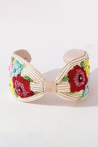 Off-White Silk Satin Glass Beaded Knotted Headband by Hair Drama Company