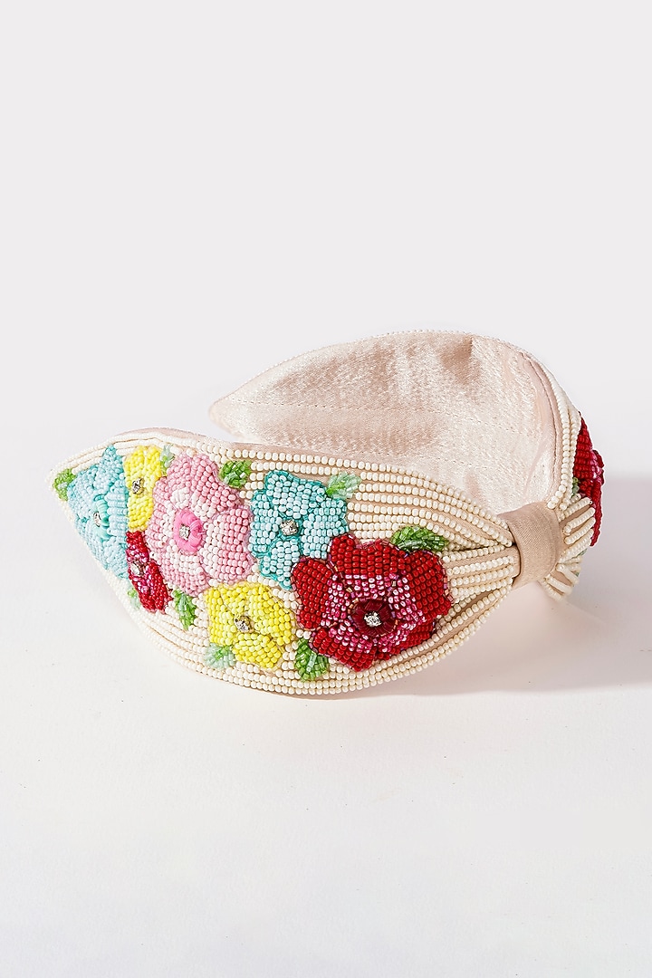 Off-White Silk Satin Glass Beaded Knotted Headband by Hair Drama Company at Pernia's Pop Up Shop