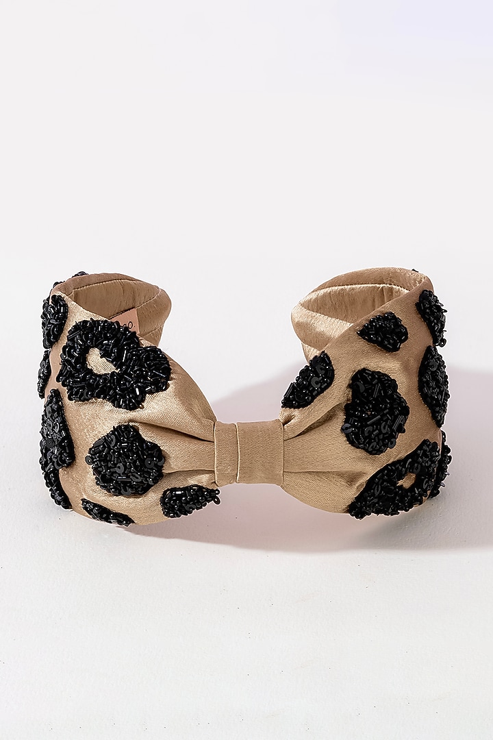 Dull Gold Silk Satin Glass Beaded Knotted Headband by Hair Drama Company at Pernia's Pop Up Shop