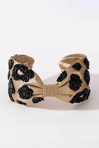 Dull Gold Silk Satin Glass Beaded Knotted Headband by Hair Drama Company