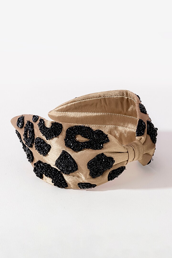 Dull Gold Silk Satin Glass Beaded Knotted Headband by Hair Drama Company at Pernia's Pop Up Shop