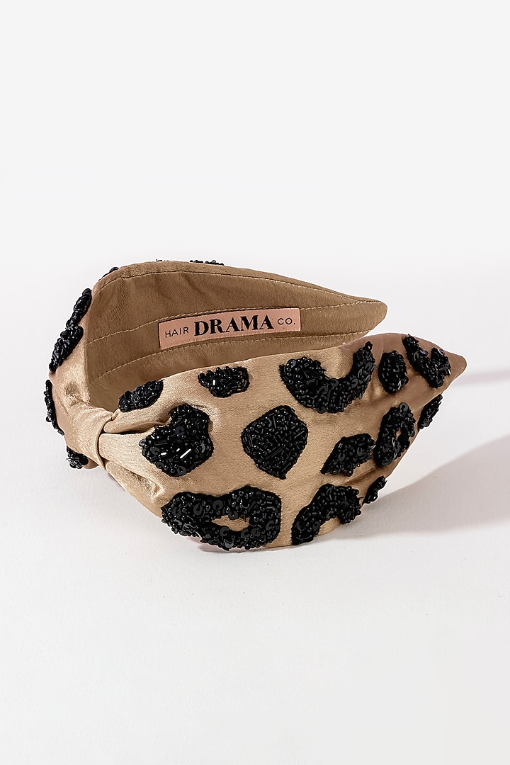 Dull Gold Silk Satin Glass Beaded Knotted Headband by Hair Drama Company at Pernia's Pop Up Shop