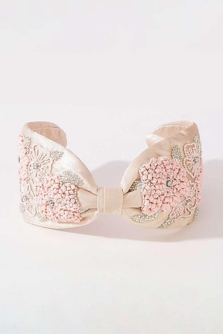 Pinkish Nude Silk Satin Glass Beaded Knotted Headband by Hair Drama Company at Pernia's Pop Up Shop