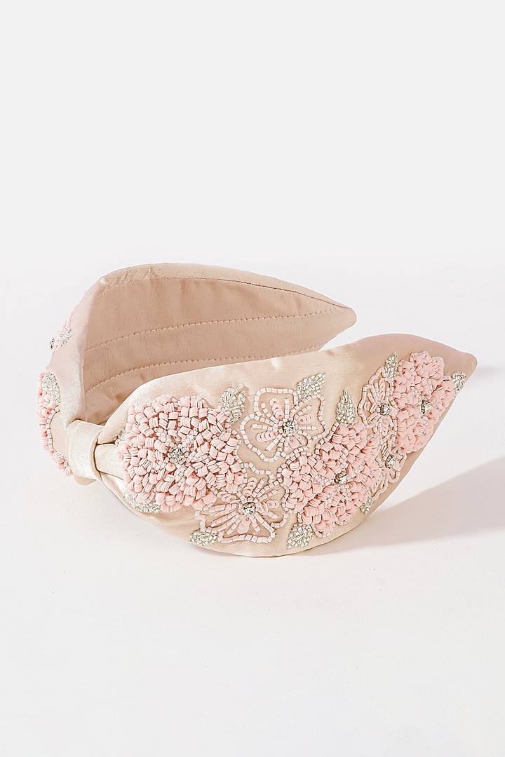 Pinkish Nude Silk Satin Glass Beaded Knotted Headband by Hair Drama Company at Pernia's Pop Up Shop
