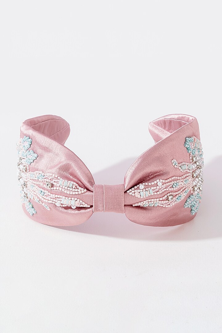 Peach Pink Silk Satin Glass Beaded Knotted Headband by Hair Drama Company at Pernia's Pop Up Shop