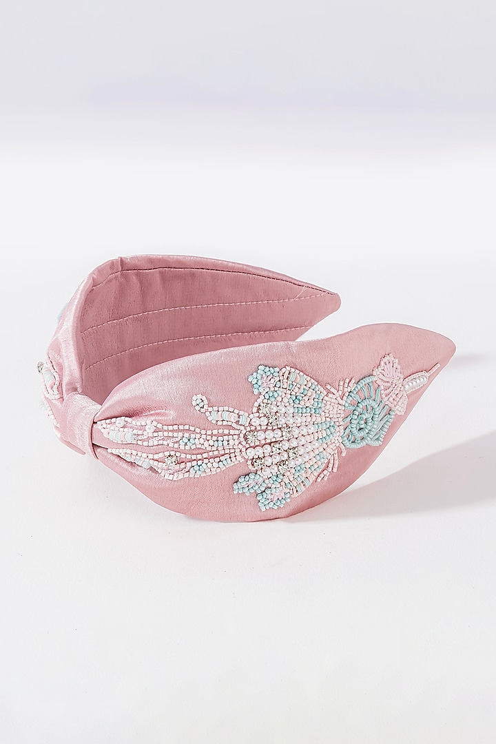 Peach Pink Silk Satin Glass Beaded Knotted Headband by Hair Drama Company at Pernia's Pop Up Shop