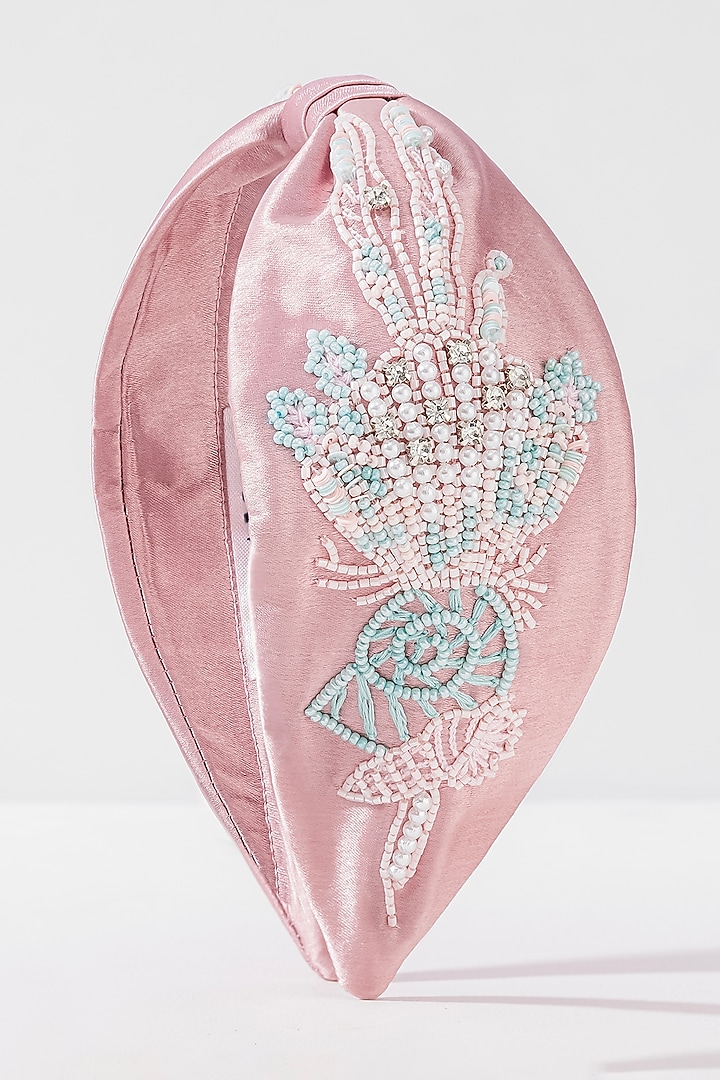Peach Pink Silk Satin Glass Beaded Knotted Headband by Hair Drama Company at Pernia's Pop Up Shop