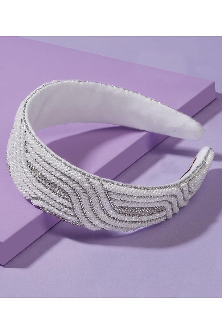 White & Silver Embroidered Headband by Hair Drama Company at Pernia's Pop Up Shop