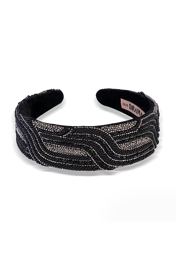 Black Embroidered Flat Headband by Hair Drama Company at Pernia's Pop Up Shop