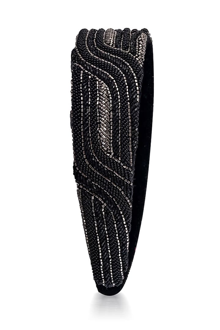 Black Embroidered Flat Headband by Hair Drama Company at Pernia's Pop Up Shop