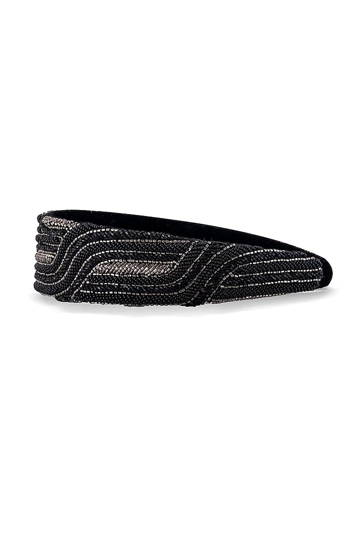 Black Embroidered Flat Headband by Hair Drama Company at Pernia's Pop Up Shop
