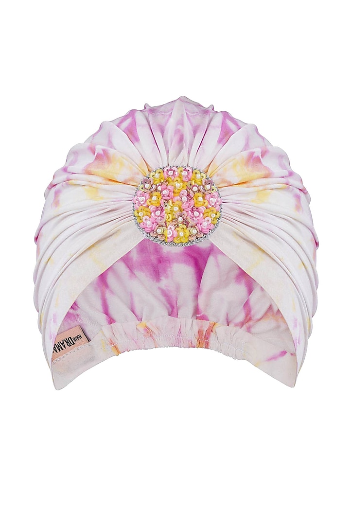 White & Pink Lycra Tie-Dye Turban by Hair Drama Company