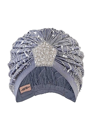Grey Lycra Embroidered Turban by Hair Drama Company