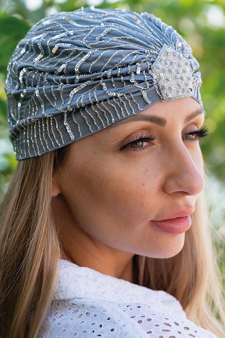 Grey Lycra Embroidered Turban by Hair Drama Company at Pernia's Pop Up Shop