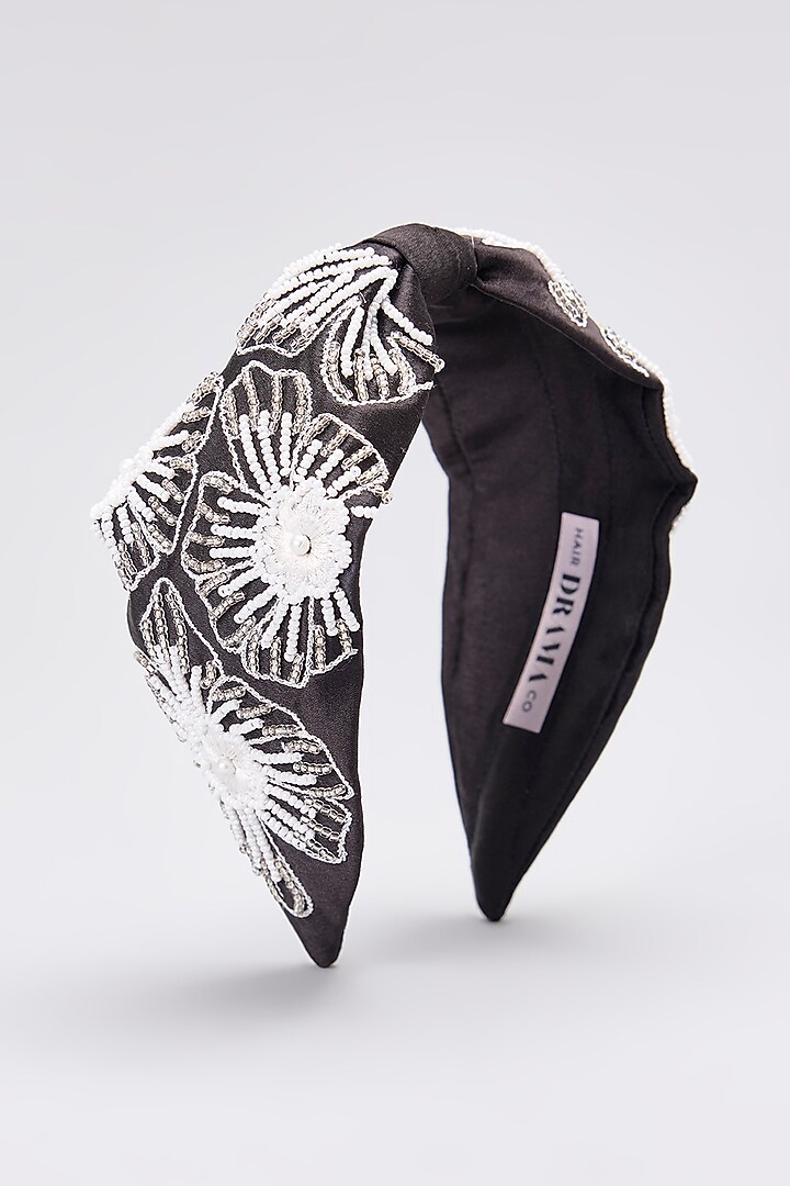 Black Satin Beads & Pearl Embellished Knotted Headband by Hair Drama Company at Pernia's Pop Up Shop