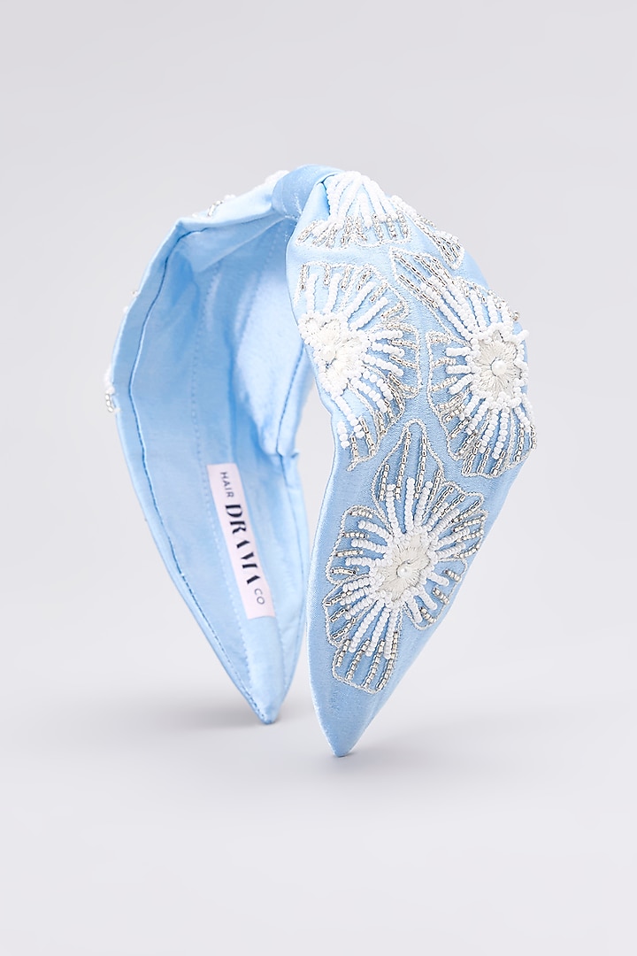 Blue Satin Beads & Pearl Embellished Knotted Headband by Hair Drama Company at Pernia's Pop Up Shop