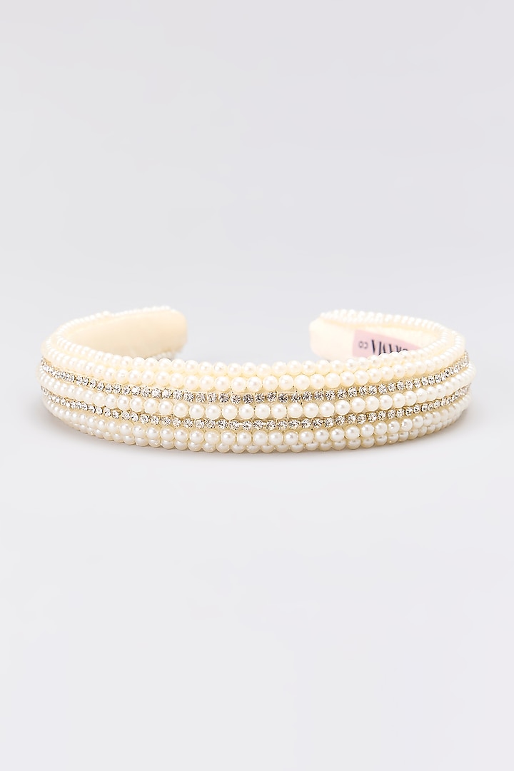 White Metal Beads Embellished Hairband by Hair Drama Company at Pernia's Pop Up Shop