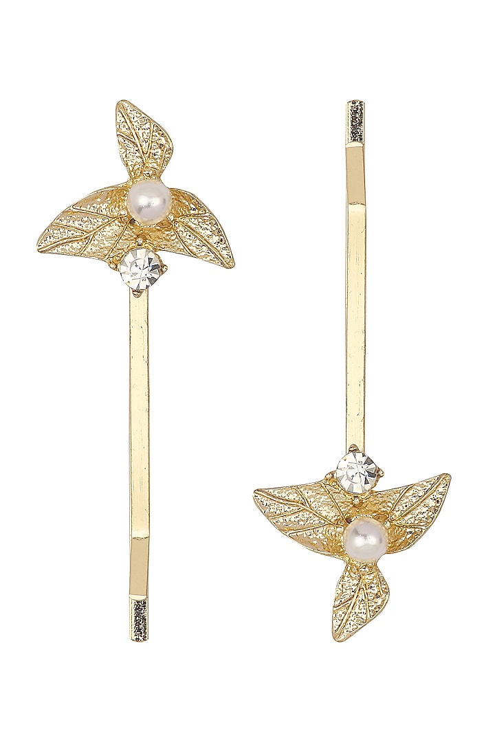 Set Of 2 Golden Leaf and Pearl Hair Pins by Hair Drama Company