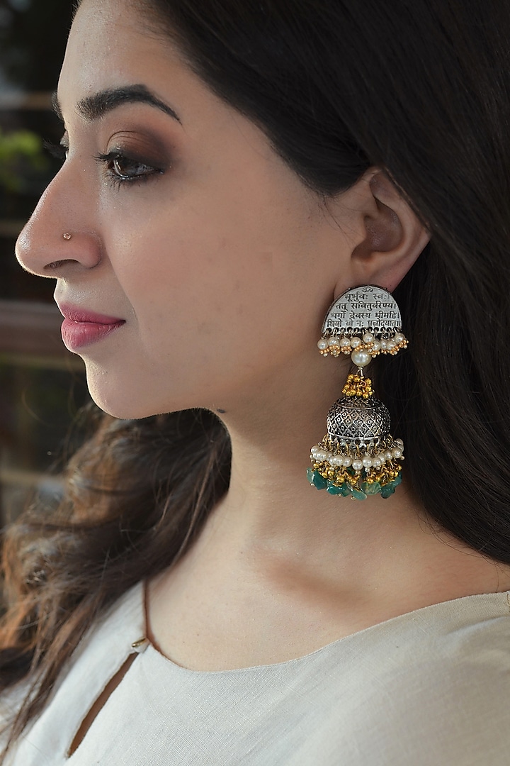 Two Tone Finish Beaded Earrings In Mixed Metal by Heer-House Of Jewellery