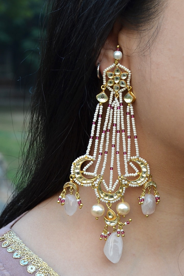 Gold Finish Pearl Jaal & Kundan Polki Passa Dangler Earrings by Heer-House Of Jewellery at Pernia's Pop Up Shop