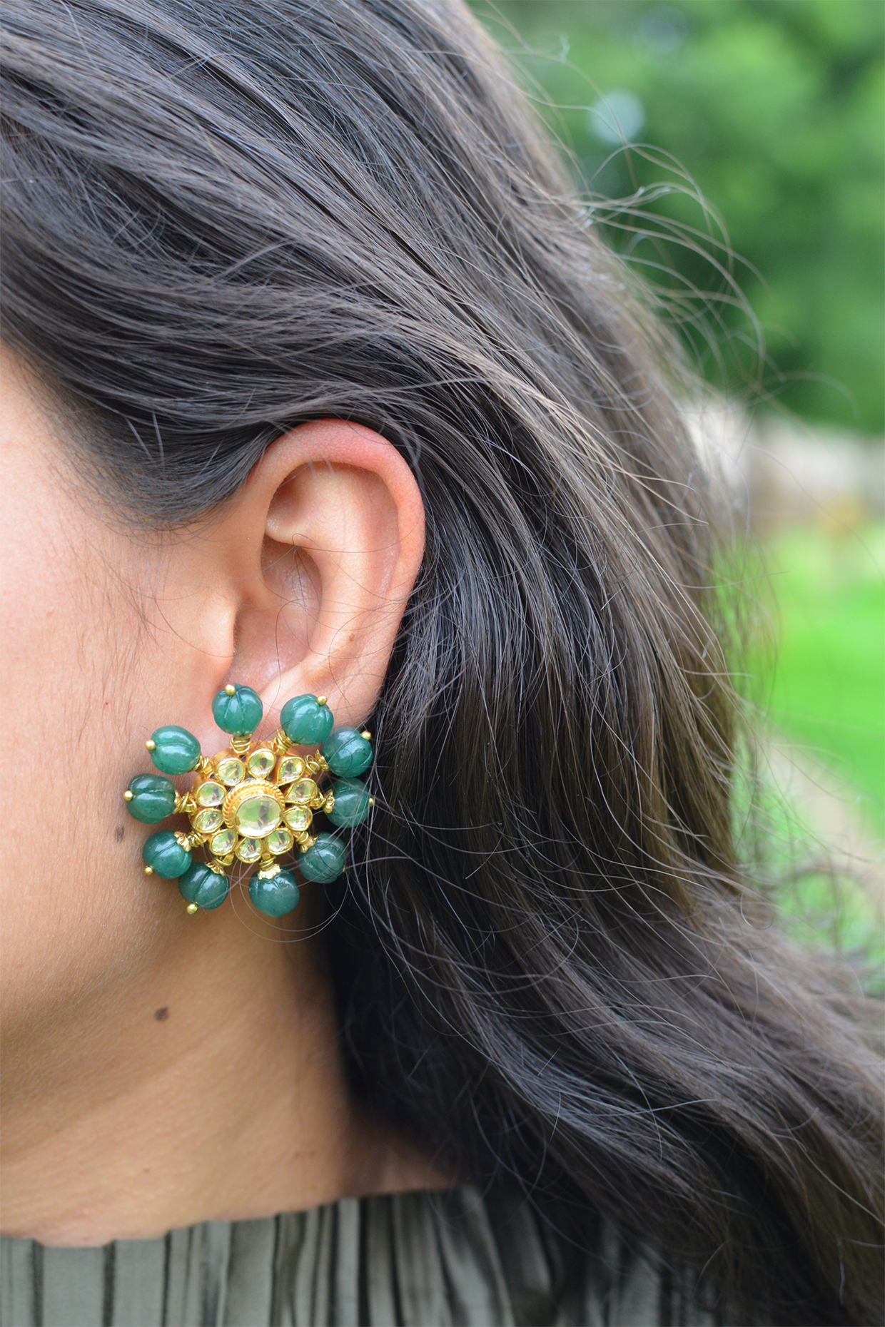 Gold Toned Circle Stud Earrings with Green Crystals – Suhani Pittie