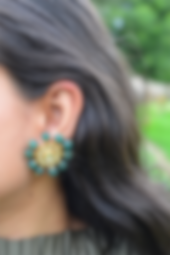 Gold Finish Kundan Polki & Emerald Green Onyx Stone Stud Earrings by Heer-House Of Jewellery