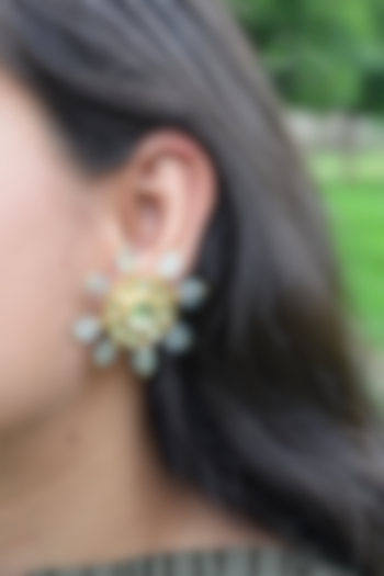 Gold Finish Kundan Polki & Sea Green Quartz Onyx Stone Stud Earrings by Heer-House Of Jewellery
