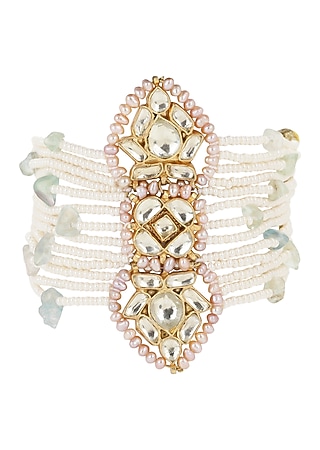 Gold Finish Kundan Polki & Pearl Bracelet by Heer-House Of Jewellery
