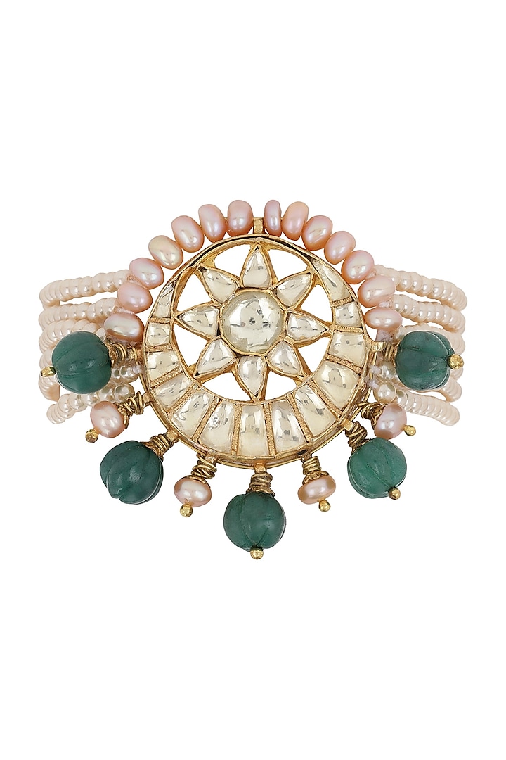 Gold Finish Kundan Polki & Green Melon Onyx Stone Bracelet by Heer-House Of Jewellery