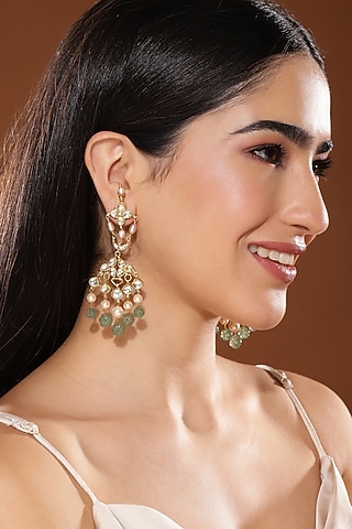 Gold Finish Kundan Polki & Onyx Stone Dangler Earrings by Heer-House Of Jewellery