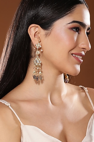 Gold Finish Kundan Polki & Onyx Stone Dangler Earrings by Heer-House Of Jewellery
