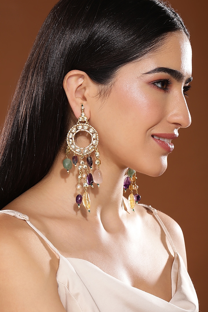 Gold Finish Kundan Polki & Onyx Stone Dangler Earrings by Heer-House Of Jewellery