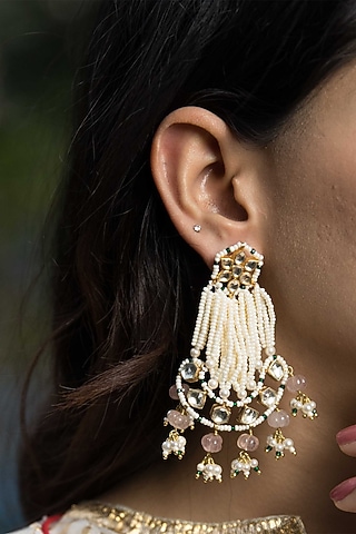 Gold Finish Kundan Polki & Onyx Stone Dangler Earrings by Heer-House Of Jewellery