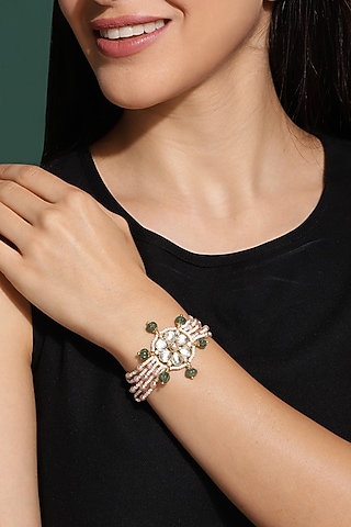 Gold Finish Kundan Polki & Pearl Meenakari Bracelet by Heer-House Of Jewellery