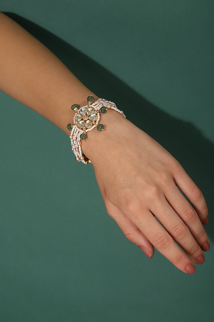 Gold Finish Kundan Polki & Pearl Meenakari Bracelet by Heer-House Of Jewellery at Pernia's Pop Up Shop