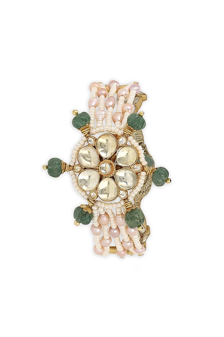 Gold Finish Kundan Polki & Pearl Meenakari Bracelet by Heer-House Of Jewellery at Pernia's Pop Up Shop