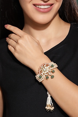 Gold Finish Kundan Polki & Pearl Meenakari Bracelet by Heer-House Of Jewellery