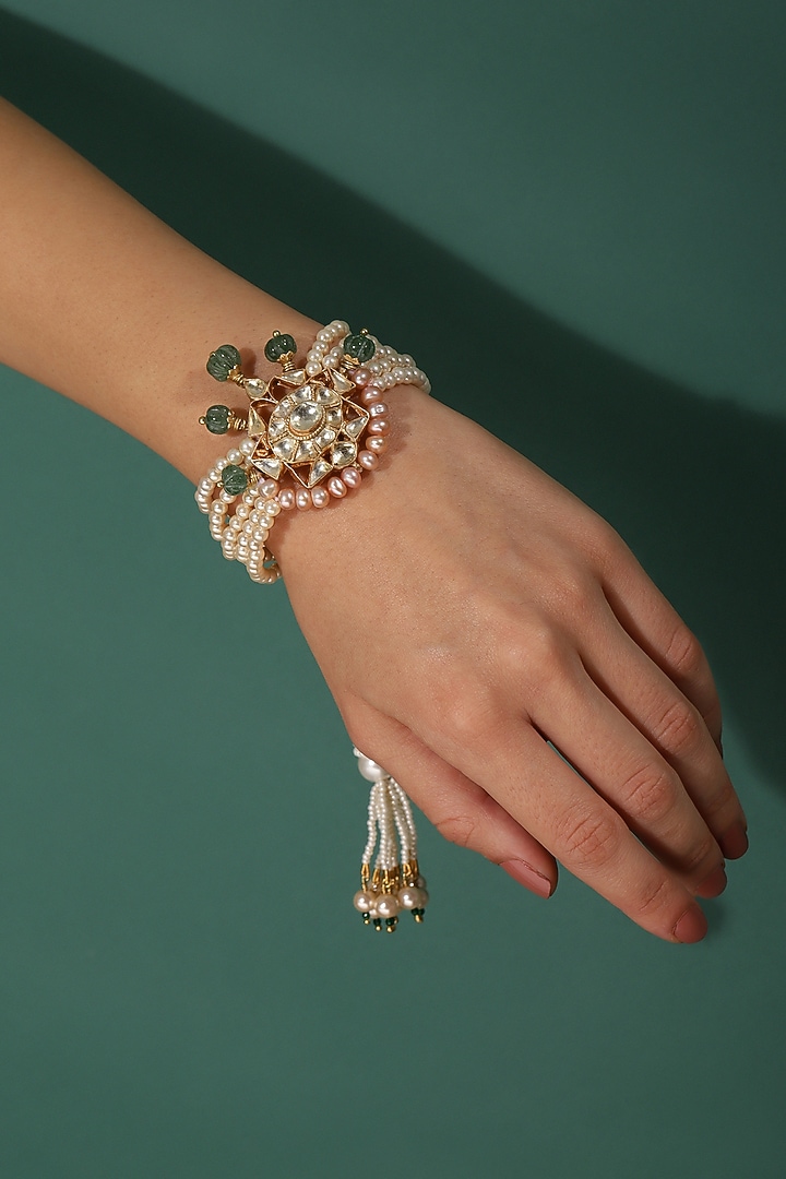 Gold Finish Kundan Polki & Pearl Meenakari Bracelet by Heer-House Of Jewellery at Pernia's Pop Up Shop