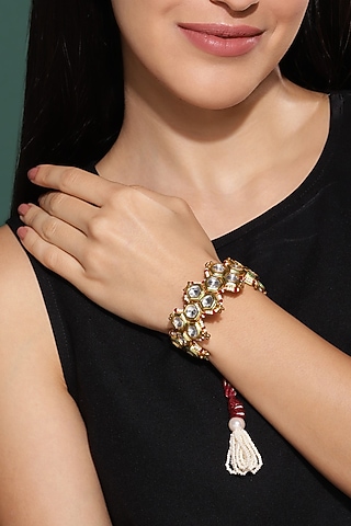 Gold Finish Kundan Polki Meenakari Bracelet by Heer-House Of Jewellery