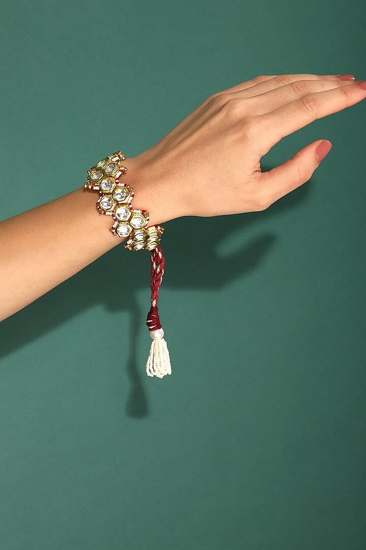 Gold Finish Kundan Polki Meenakari Bracelet by Heer-House Of Jewellery at Pernia's Pop Up Shop