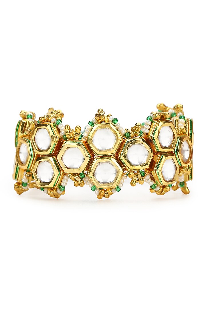 Gold Finish Kundan Polki Meenakari Bracelet by Heer-House Of Jewellery at Pernia's Pop Up Shop