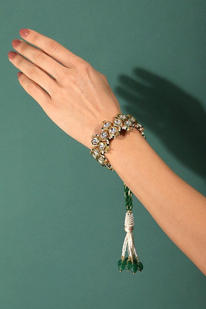 Gold Finish Kundan Polki Meenakari Bracelet by Heer-House Of Jewellery at Pernia's Pop Up Shop