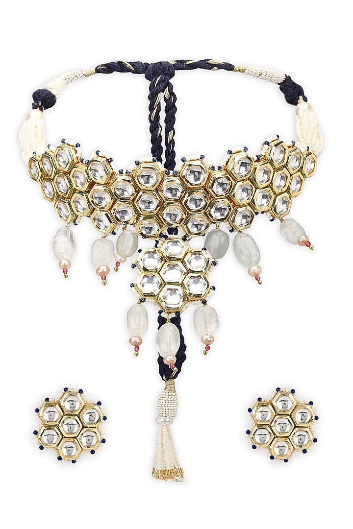 Gold Finish Kundan Polki & Onyx Stone Meenakari Choker Necklace Set by Heer-House Of Jewellery at Pernia's Pop Up Shop