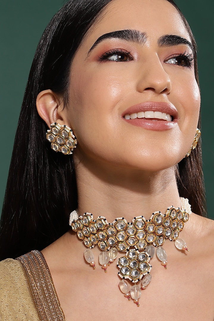 Gold Finish Kundan Polki & Onyx Stone Meenakari Choker Necklace Set by Heer-House Of Jewellery