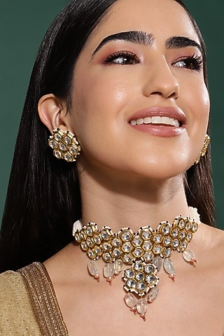 Gold Finish Kundan Polki & Onyx Stone Meenakari Choker Necklace Set by Heer-House Of Jewellery