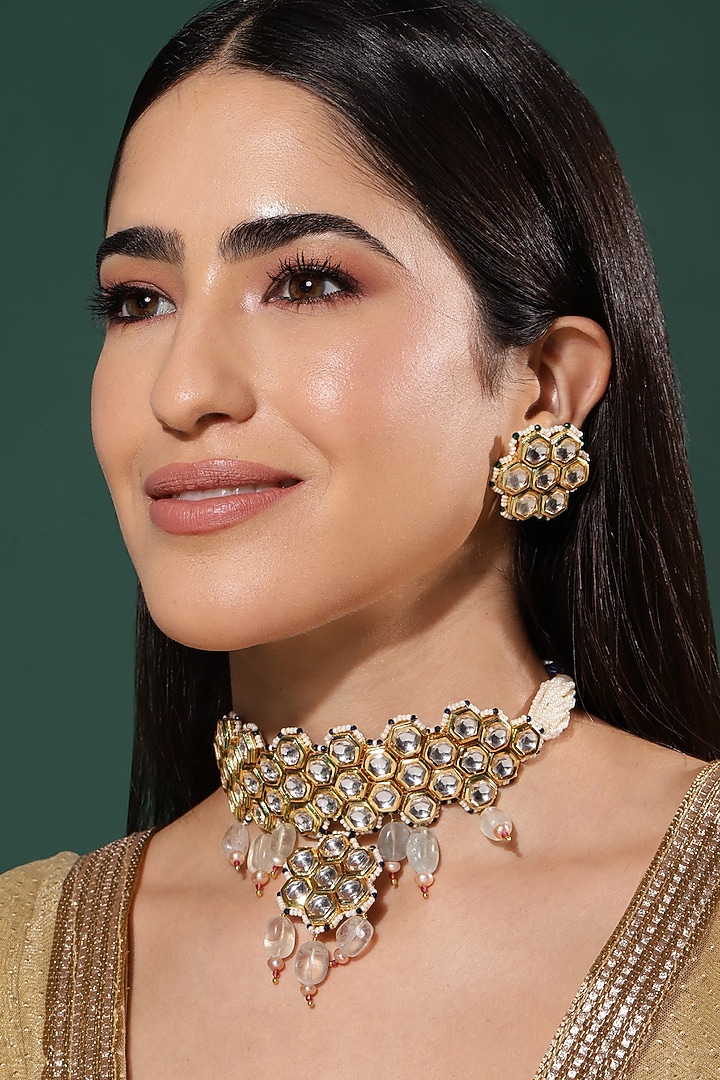 Gold Finish Kundan Polki & Onyx Stone Meenakari Choker Necklace Set by Heer-House Of Jewellery at Pernia's Pop Up Shop