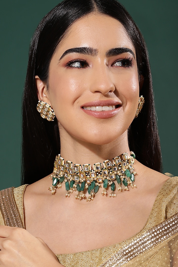 Gold Finish Kundan Polki & Onyx Stone Meenakari Choker Necklace Set by Heer-House Of Jewellery