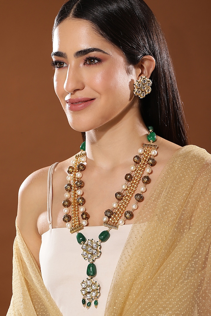 Gold Finish Kundan Polki & Onyx Stone Meenakari Long Necklace Set by Heer-House Of Jewellery
