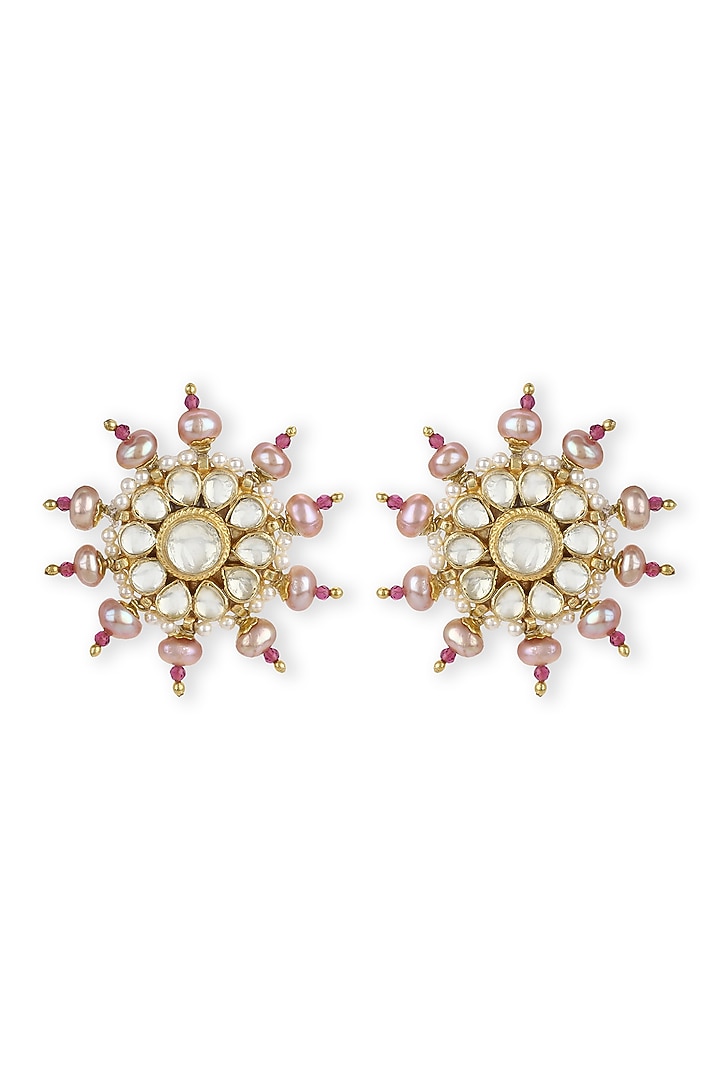 Gold Finish Kundan Polki Stud Earrings by Heer-House Of Jewellery at Pernia's Pop Up Shop