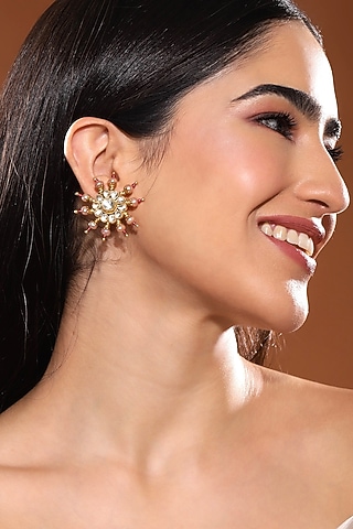 Gold Finish Kundan Polki Stud Earrings by Heer-House Of Jewellery